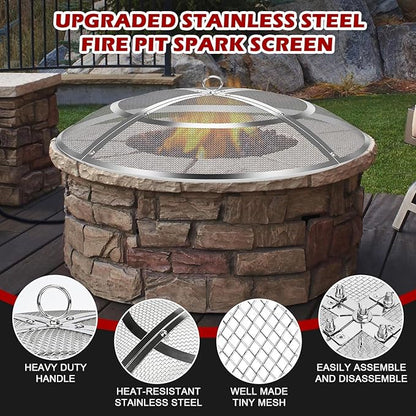 Fire Pit Spark Screen,22 Inch Fire Pit Screen Cover Stainless Steel Outdoor with Handle&Poker,Firepit Screens Cover Round Mesh Lid Heavy-Duty Steel Replacement for Backyard/Beach/RV Camping