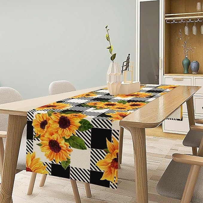 Yellow Sunflower Table Runner, Vintage Farmhouse Black White Sunshine Sunflowers Print for Autumn Farmhouse Home Kitchen Table Decoration,13x108inch
