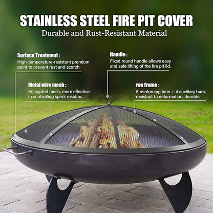 Fire Pit Spark Screen, 36Inch Fire Pit Lid Outdoor with Handle & Poker, Heavy-Duty Mesh Firepit Cove with 12 Reinforced Bars for Backyard/Beach/RV Camping