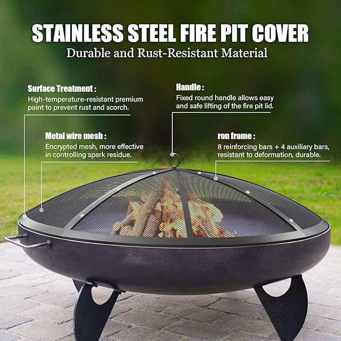Fire Pit Spark Screen, 27Inch Fire Pit Lid Outdoor with Handle & Poker, Heavy-Duty Mesh Firepit Cove with 12 Reinforced Bars for Backyard/Beach/RV Camping