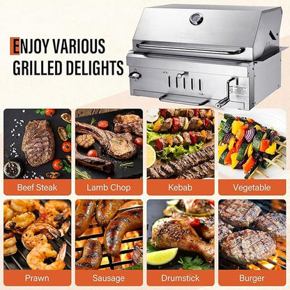 Large Charcoal BBQ Grills, Built in Barbecue Grill with Liftable Tray, Insulated Hood & Temp Gauge, Silver Stainless Steel BBQ Barrel Grill for Outdoor Kitchen Cooking Family Parties Patio Park Style