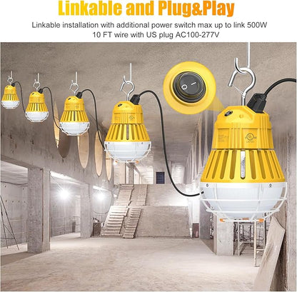 LED Temporary Work Light 100W, 13000LM 5000K Portable Hanging Construction Light with 10ft Cable Plug and Sturdy Hooks Linkable LED Work Light for Job Site Lighting, Workshop, Garage ETL Listed