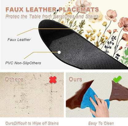 Flower Placemats Set of 4 - Spring Floral Faux Leather Heat Resistant Placemats for Dinner Table, Non-Slip Waterproof Oil-Proof Washable Reusable Placemat for Indoor Outdoor Kitchen, 15.75In*11.81In