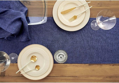 Solino Home Linen Chambray Navy Table Runner 132 Inches Long - Athena, 100% Pure Linen Dining Table Runner 14 x 132 Inch for Winter, Spring