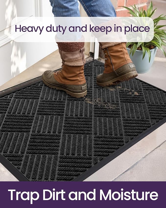 DEXI Front Door Mat Outside Entrance, 17x29 Rubber Entry Doormat Heavy Duty, Welcome Mats Non Slip for Inside House Floor Entryway Back Doors Exterior Patio, Diamond Black