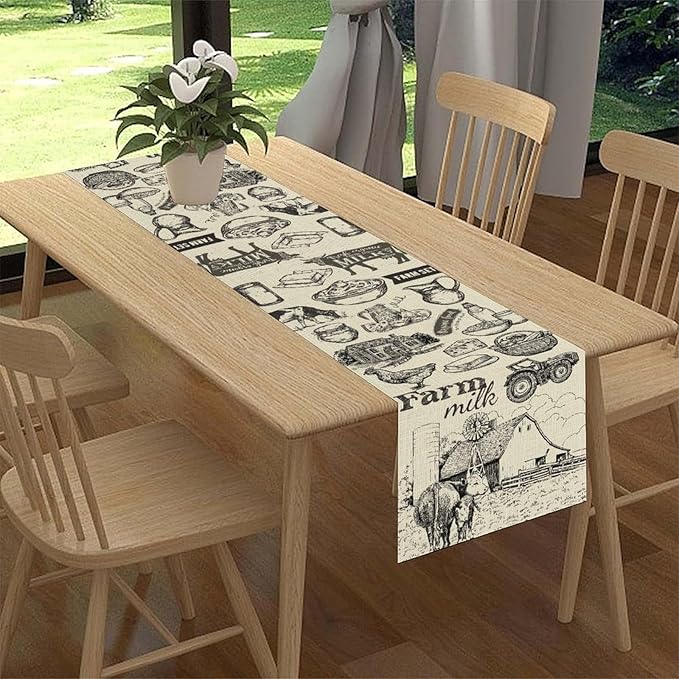 Farm Animals Table Runner, Rustic Farmhouse Rooster Cow Chicken Black Print Watercolor Coffee Table Center Decor for Home Kitchen Dining Patio Party Indoor Outdoor Table Decorations, 13" X 108"