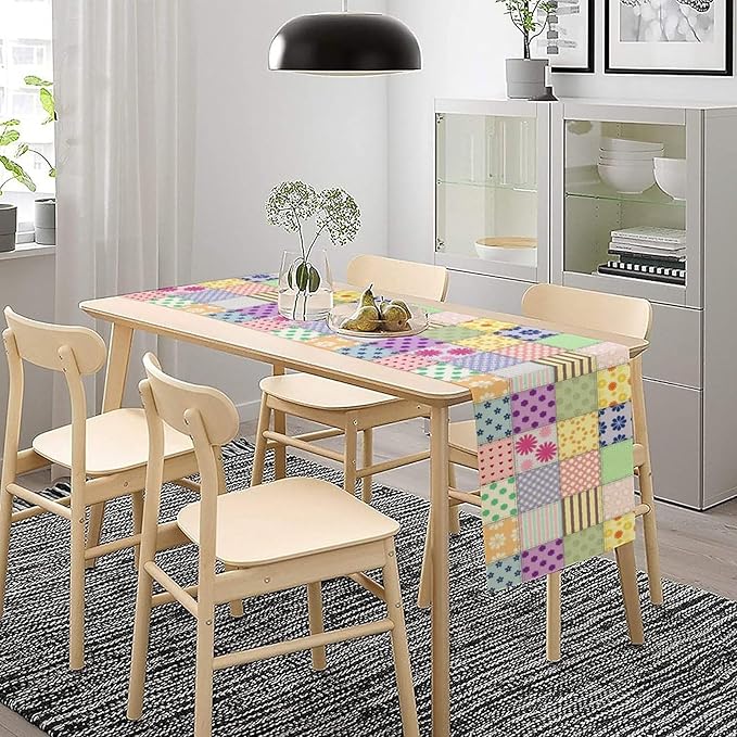 Patchwork Table Runner, Vintage Colorful Floral Plaid Tablecloth Table Runner for Indoors Outdoor Dining Kitchen Home Party 13x60in