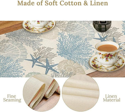 Nautical Table Runner, Summer Coastal Starfish Seashells Coral Tropical Ocean Beach Blue Farmhouse Coffee Table Center Decor for Home Kitchen Dining Patio Indoor Outdoor Table Decorations, 13"x36"