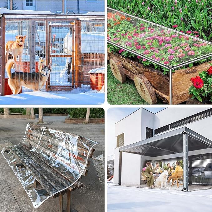 8x8ft Clear Tarp with Grommets, Transparent Heavy Duty Waterproof Tarpaulin Cover with Reinforced Edge,14Mil Thickened Tear Resistant Waterproof PVC Vinyl Tarp for Patio,Camping,Greenhouse Outdoor