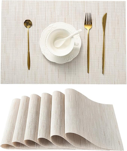 Leetaltree Pale Beige Placemats Set of 6 - Heat Resistant Non-Slip Place mats for Dining Table, Washable Durable PVC Vinyl Woven Table Mats（Pale Beige, 6）