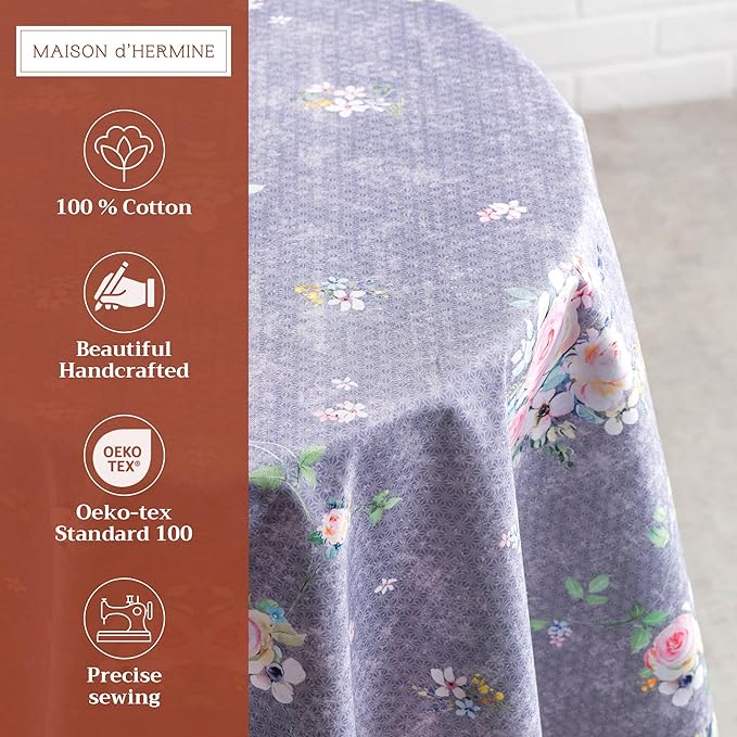 Maison d' Hermine Table Cloth Round Table 100% Cotton 63 Inches Tablecloth Reusable for Dining Room, Farmhouse, Home, Party, Festive & Wedding Spring Summer - Sweet Rose Lavender - Country Garden
