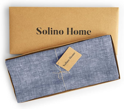 Solino Home Linen Short Table Runner 60 Inches - Athena, 100% Pure Linen Chambray Indigo Table Runner 14 x 60 Inch Ideal for Dresser and Coffee Tables - Winter, Spring, Easter
