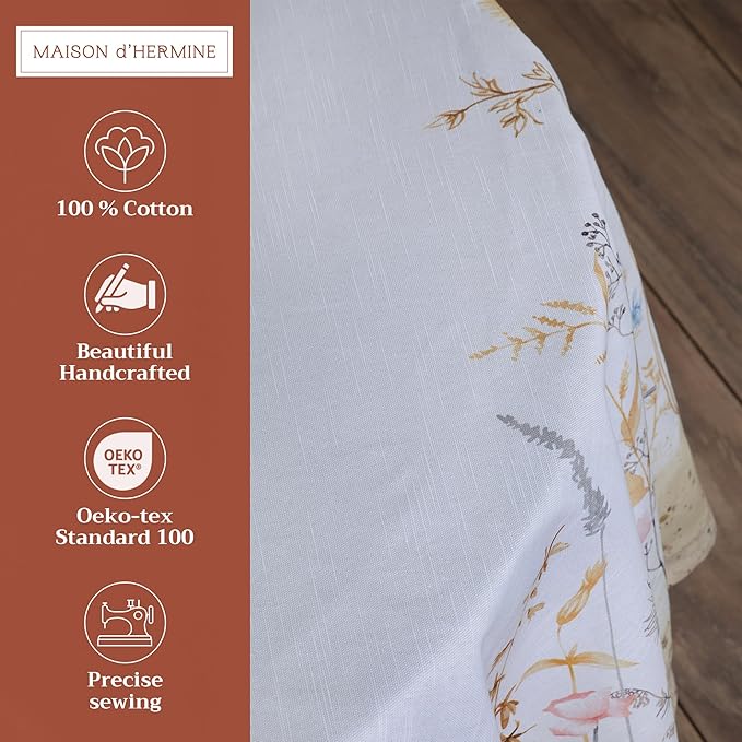 Maison d' Hermine Table Cloth Round Table 100% Cotton 63 Inches Tablecloth Reusable Decorative for Dining Room, Farmhouse, Home, Party, Festive & Wedding Spring Summer - Meadow Florals - Beige