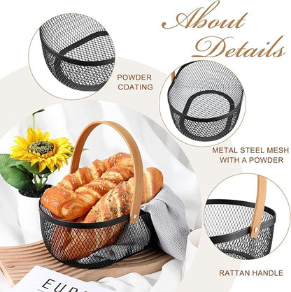 Maxcheck 4 Pcs Oval Metal Wire Storage Basket with Handle for Gathering Vegetables Multi Functional Mesh Basket for Kitchen Bathroom Picnic Home, 10.24 x 7.68 Inch(Black)