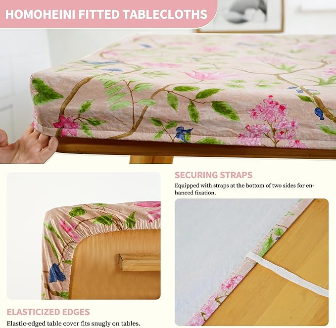 Rectangle Picnic Table Cloth, Elastic Waterproof Fitted Vinyl Tablecloths for 8 Foot Tables, Wipeable Flannel Backed Table Covers for Dining, Camping, Outdoor(Pink Flower,30"x96")