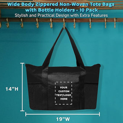 DISCOUNT PROMOS 10 Zippered Non-Woven Tote Bags Set - Customizable Text, Logo - Mesh Pocket, Zippered, Recyclable, Reusable - Black - 19"X14"X3", with Zipper