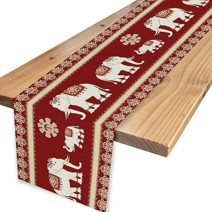 African Tribe Table Runner, Boho Red Elephants Tribal Traditional Diwali India Animal Ethnic Folk Rustic Coffee Table Center Decor for Home Kitchen Holiday Party Outdoor Table Decorations, 13"x72"