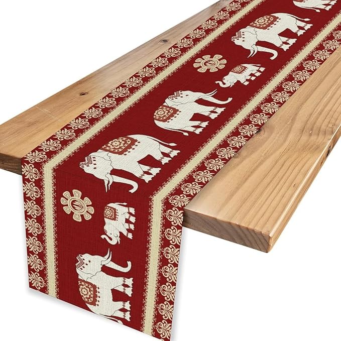 African Tribe Table Runner, Boho Red Elephants Tribal Traditional Diwali India Animal Ethnic Folk Rustic Coffee Table Center Decor for Home Kitchen Holiday Party Outdoor Table Decorations, 13"x108"