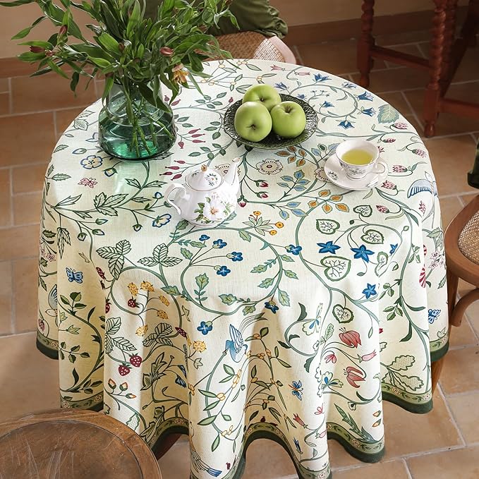 Linen 67 Inch Round Tablecloth,Wrinkle Resistant French White and Green Tablecloth Print with Froal,Decor Stitch Table Cloth for Thanksgiving,Dining Room,Home Diameter 67"-Idaho A