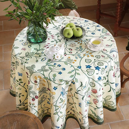 Linen 55 Inch Round Tablecloth,Wrinkle Resistant French White and Green Tablecloth Print with Froal,Decor Stitch Table Cloth for Thanksgiving,Dining Room,Home Diameter 55"-Idaho A