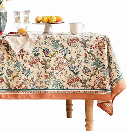 Linen Colorful Floral Long Rectangle Tablecloth,Vintage Indian Colorfast Block Print Table Cloth,Decorative Table Cover for Kitchen,Dining,Thanksgiving,Christmas,63"*102"-Mangala