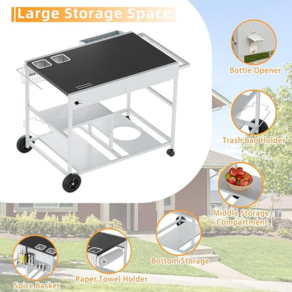 Vongrasig Pizza Oven Cart with Topping Station, Outdoor Grill Table Kitchen Island with Storage for Ninja Woodfire Blackstone Griddle Cuisinart etc Grill, Silver