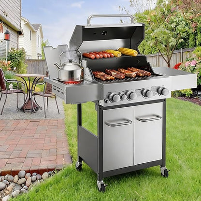 Veralune 4 Burner Gas Grill with Infrared Side Burner, Porcelain-Enameled Cast Iron Grates and Lockable Wheels, 55,000 BTU Output Stainless Steel Propane Grill for Backyard, Patio, Garden Cooking