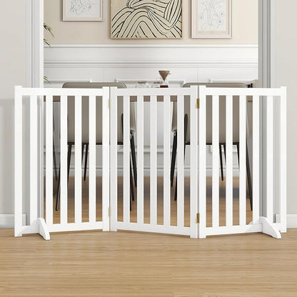 30" Height Tall Freestanding Pet Gate, Solid Wood Folding Safety Fence Wooden Dog Gate with 2 PCs Support Feet Ideal for Stairs, Doorways, Halls, Kitchens, Heavy Duty Gates, 3 Panels, White