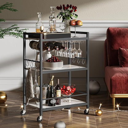TUTOTAK Bar Cart - Serving Cart for Home - Microwave Cart, Drink Cart, Mobile Kitchen Shelf with Wine Rack and Glass Holder, Rolling Beverage Cart BC01BM030