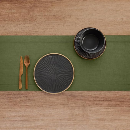 Solino Home Linen Olive Table Runner 108 Inches Long - 100% Pure Linen 14 x 108 Inch Table Runner for St Patricks Day - Classic Hemstitch