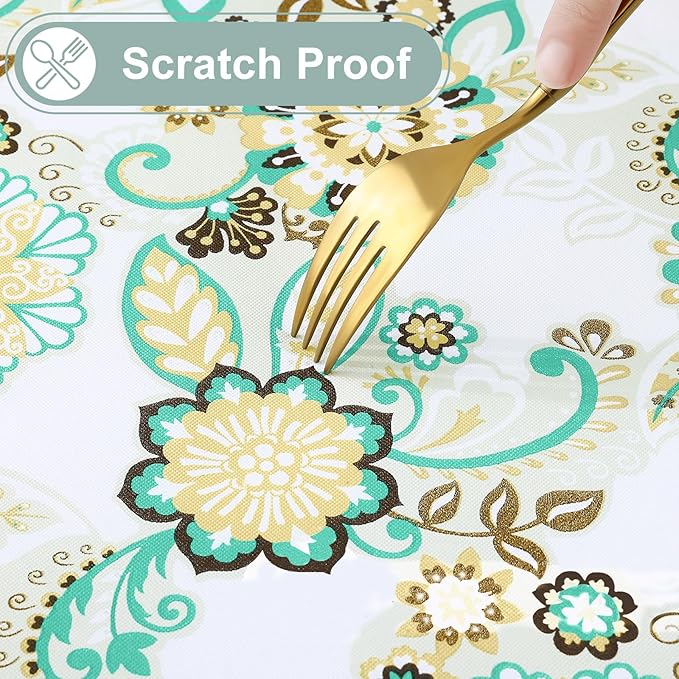 misaya Rectangle Waterproof Vinyl Table Cloth, Wipeable Tablecloth with Flannel Backing, Plastic Table Cover for Dinner, Picnic, Indoor and Outdoor (Paisley Flower, 60" x 84")