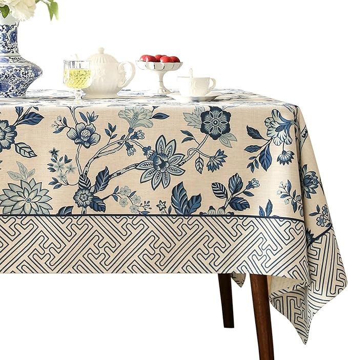Vintage Blue and White Small Square Tablecloth,French Linen Floral Wrinkle Free Tablecloths,Decorative Table Cover for Kitchen,Dining,Tea Party,Thanksgiving,Christmas,55"*55"-Suqing