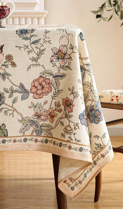 ISAENNE Designer French Light Beige Extra Long Rectangle Tablecloth,Linen Florals and Birds Pattern Table Cloth,Durable Decorative Tablecloths for Dining Thanksgiving Kitchen,67"*118"-Cornucopia