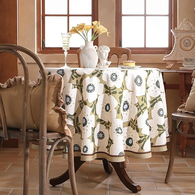 Designer Vintage Round Tablecloth,Linen French Tablecloth with White Floral Pattern,Decorative Table Cover for Kitchen,Dining,Thanksgiving,Tea Party,Diameter 67"-Hidaka