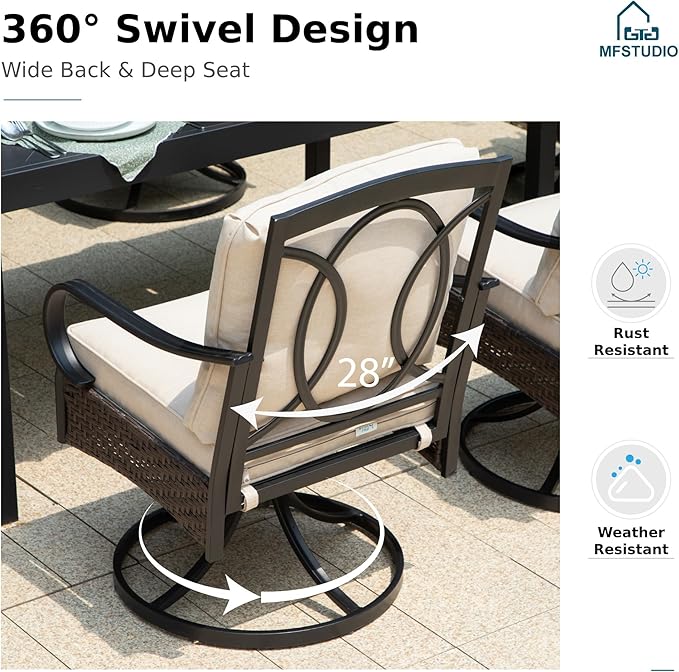 MFSTUDIO 5 Pieces Patio Dining Table for 4, 37’’ Wood-Like Metal Outdoor Table and Chairs, Heavy Duty Patio Dining Sets with Swivel Chairs, All Weather Outdoor Dining Set for 4, Backyard, Porch