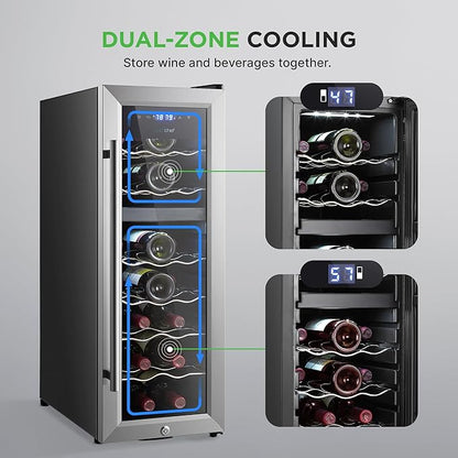 Nutrichef 18 Bottle Wine Fridge | Dual Zone Wine Chiller | Adjustable Temperature 41°F to 64°F | Ultra Quiet Operation | Wine Cooler For Home & Office | Free Standing 32x11x23 IN | Black