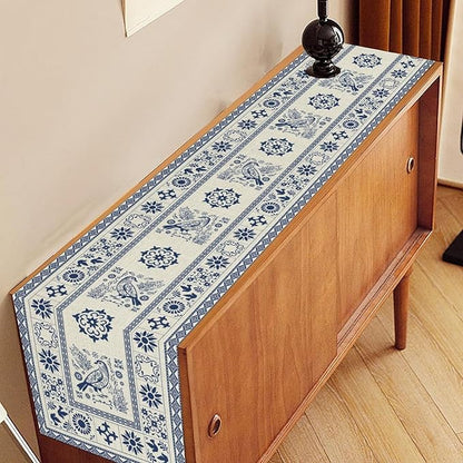 Mexican Table Runner, Blue Floral Birds Mexico Talavera Tiles Ceramic Dia De Los Muertos Coffee Table Center Decor for Family Kitchen and Dining Farmhouse Indoor Outdoor Table Decorations, 13"x36"