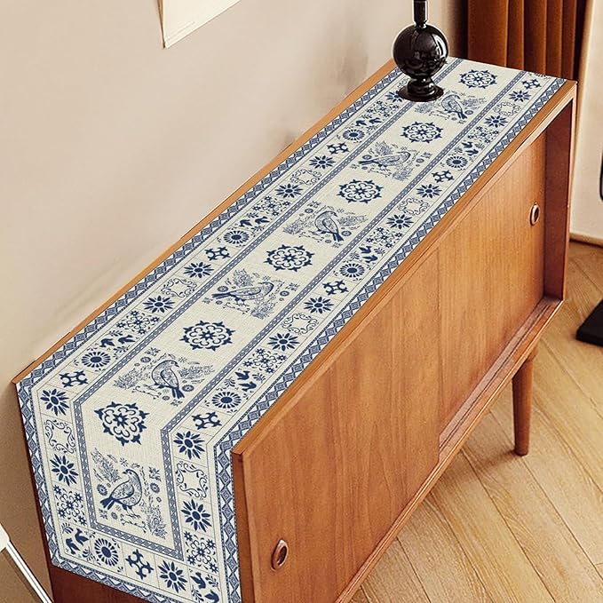 Mexican Table Runner, Blue Floral Birds Mexico Talavera Tiles Ceramic Dia De Los Muertos Coffee Table Center Decor for Family Kitchen and Dining Farmhouse Indoor Outdoor Table Decorations, 13"x90"