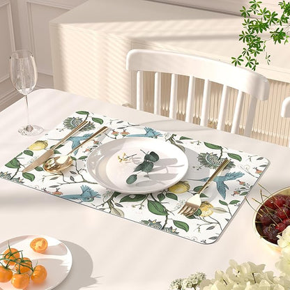 QIYI Placemats Set of 6, 12x18 Inch Faux Leather Place Mats for Kitchen Dinning, Heat Resistant Anti Slip Birds Table Mats, Waterproof Wipeable Washable Placemat Party Table Décor, Vintage Lemon Trees