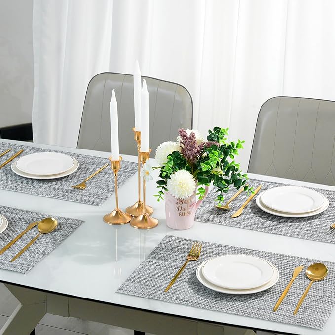 Placemats Set of 12，Non-Slip PVC Weave Table Mats Easy to Clean，Heat Resistant Place Mats for Kitchen Dining Table Decoration Indoor Outdoor，Gray
