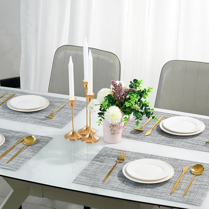 Placemats Set of 12，Non-Slip PVC Weave Table Mats Easy to Clean，Heat Resistant Place Mats for Kitchen Dining Table Decoration Indoor Outdoor，Gray