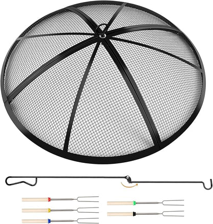 Fire Pit Spark Screen, Outdoor 36 Inch Round Fire Pit Screen with Foldable Hook and Marshmallow Sticks, Heavy Duty Steel Mesh Fire Pit Cover for Backyard, Beach, RV Camping