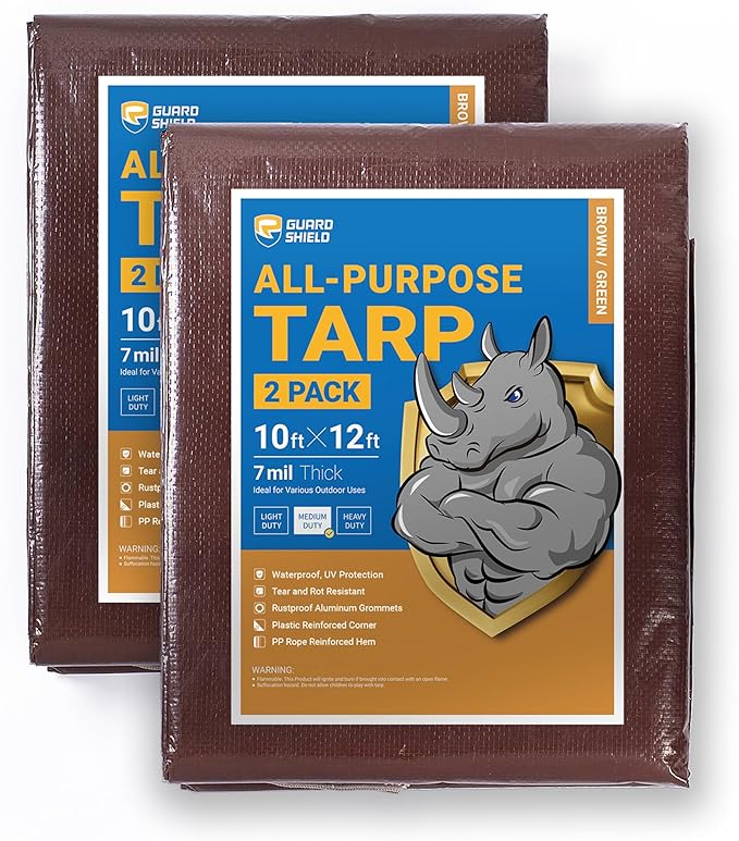 GUARD SHIELD Brown/Green Tarp 10x12 Feet Medium Duty Outdoor Waterproof Multi Purpose Poly Tarps Cover 7mil (2-Pack)