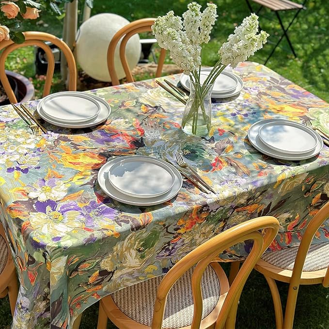 Spring Summer Square Tablecloth, Activated Print Floral Waterproof Table Cloth, Dining Table Cover for Dining, Picnic, Outdoor, Wedding - 60''x60'' - Green