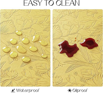 Romanstile Vinyl Placemats Set of 8-12 X 18 Inch - Heat Resistant Non-Slip Embossed Floral Place Mats 100% Waterproof Oilproof Wipeable Faux Leather Table Mats for Kitchen/Dining/Party, Yellow