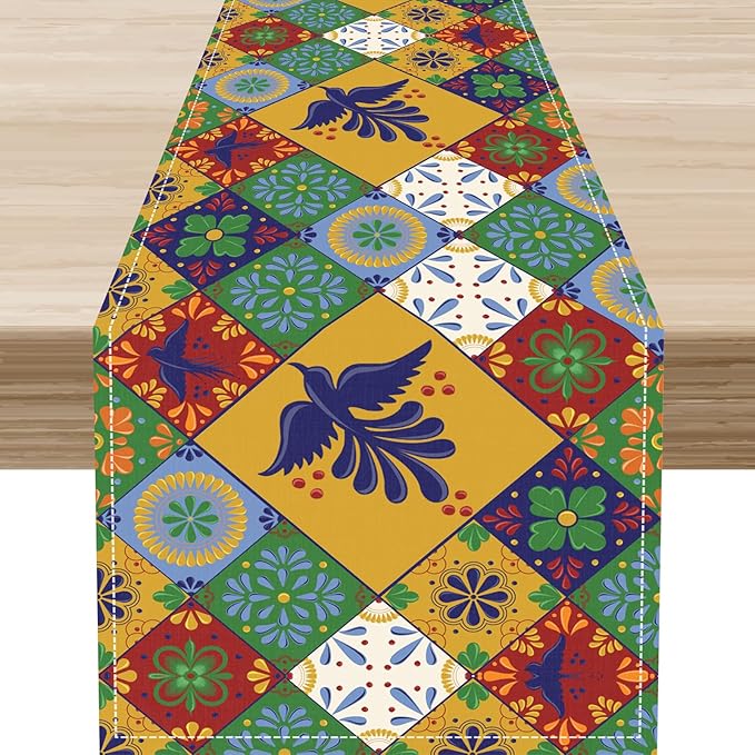 Mexican Table Runner, Orange Floral Birds Mexico Talavera Ceramic Dia De Los Muertos Coffee Table Center Decor for Family Home Kitchen and Dining Farmhouse Indoor Outdoor Table Decorations, 13" X 72"