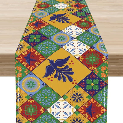 Mexican Table Runner, Orange Floral Birds Mexico Talavera Ceramic Dia De Los Muertos Coffee Table Center Decor for Family Home Kitchen and Dining Farmhouse Indoor Outdoor Table Decorations, 13" X 36"