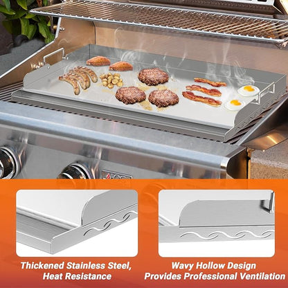Skyflame 25"x16" Stainless Steel Griddle Plate for BBQ, Hibachi, Flat Top Grill with Even Heating, Grease Groove, Foldable Handles, Ideal for Charcoal/Gas Grills, Camping, Tailgating, Outdoor Cooking