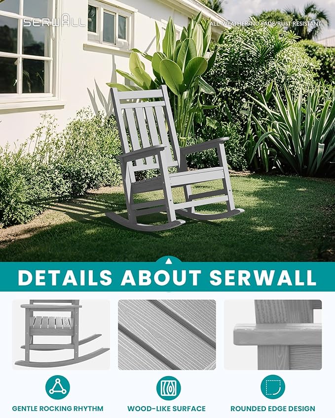 SERWALL Outdoor Rocking Chair for Adults, Sliver Gray | 21.1" Widened Seat adds - Image 3