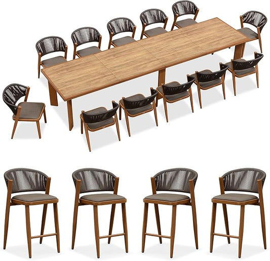 PURPLE LEAF 13-Piece Patio Dining Set Outdoor Furniture Rectangular Table and Chairs Set with Aluminum Frame and Teak-Finish for Garden Deck Backyard Kitchen Deep Teak Outdoor Set with Counter Stools